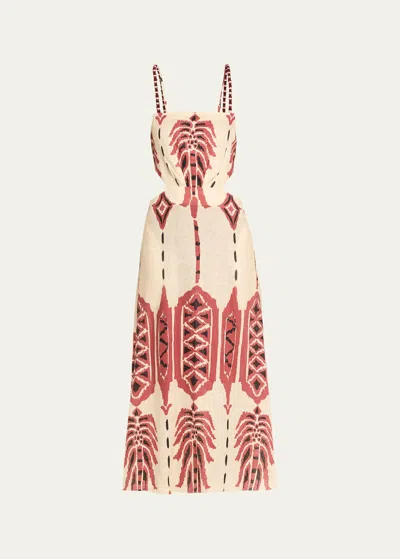 Johanna Ortiz Palm Of Tiahuanaco Cutout Tassel Strap Linen Midi Dress In Apacheria Ecru Ma