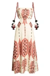 Johanna Ortiz Palm Of Tiahuanaco Linen Midi Dress In Apacheria Ecru-marsala-black