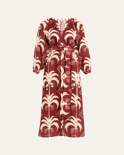 Johanna Ortiz Palm-print Linen Long-sleeve Belted Midi Dress In Brown