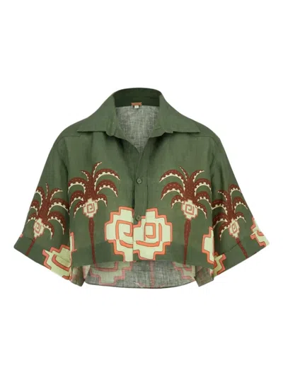 Johanna Ortiz Palm-tree Print Linen Shirt In Green