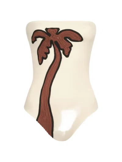 Johanna Ortiz Palm-motif Textured Strapless Swimsuit In Pink