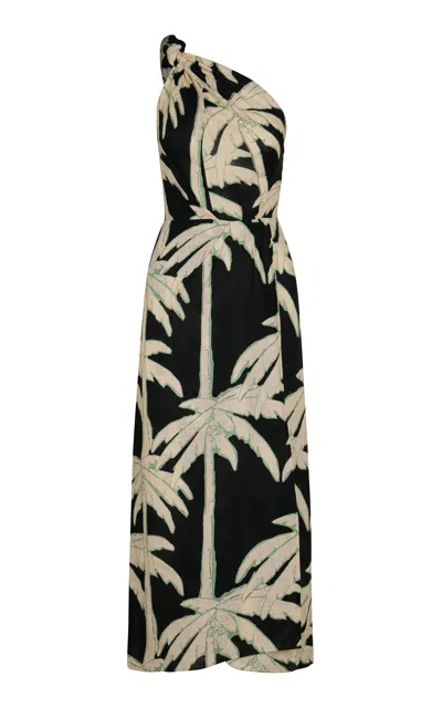 Johanna Ortiz Palms Printed Linen Midi Dress In Black/ecru