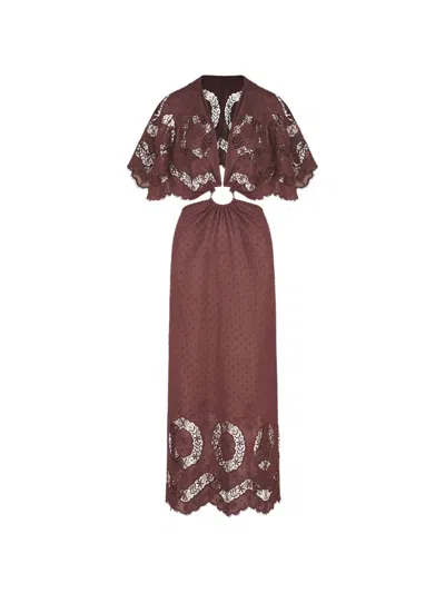 Johanna Ortiz Paradise Crocheted-trimmed Cotton-blend Maxi Dress In Burgundy