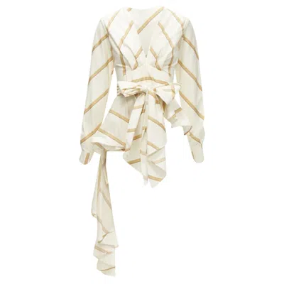 Johanna Ortiz Party Wave Striped Cotton Tie Belt Blouse In Beige