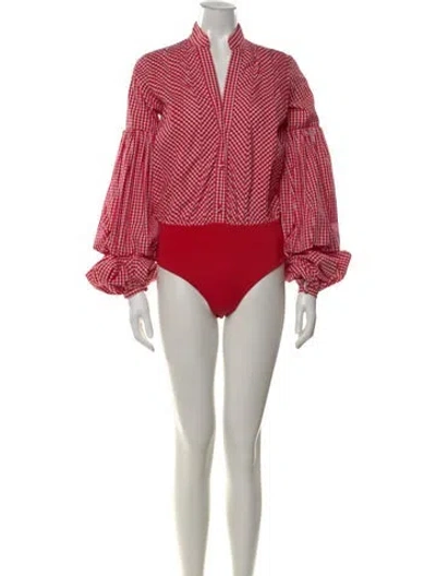 Pre-owned Johanna Ortiz Plaid Print Long Sleeve Bodysuit In Red