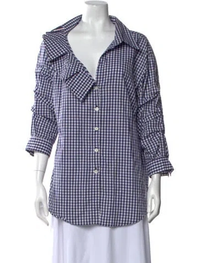 Pre-owned Johanna Ortiz Plaid Print Three-quarter Sleeve Blouse In Blue
