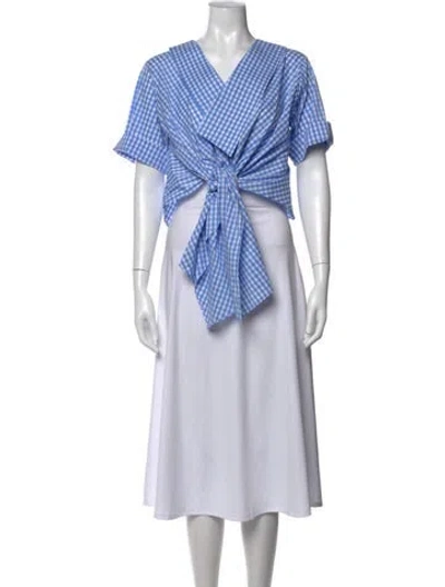 Pre-owned Johanna Ortiz Plaid Print V-neck Blouse In Blue