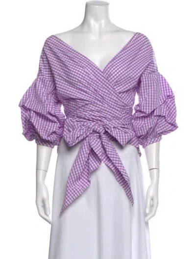 Pre-owned Johanna Ortiz Plaid Print V-neck Blouse In Purple