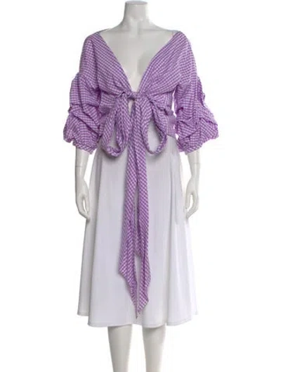 Pre-owned Johanna Ortiz Plaid Print V-neck Blouse In Purple