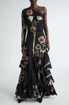 Johanna Ortiz Poesia De Paz Sequin Poppy One-shoulder Silk Maxi Dress In Black