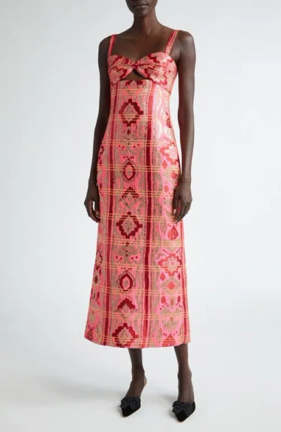 Johanna Ortiz Powerful Stitches Embroidered Strapless Dress In Lurex Pink/ Wine