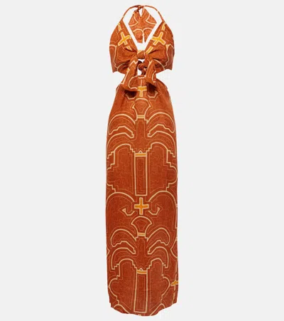 Johanna Ortiz Printed Cutout Linen Maxi Dress In Orange