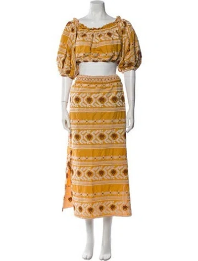 Pre-owned Johanna Ortiz Printed Embroidered Accent Skirt Set In Orange