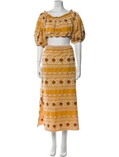 Pre-owned Johanna Ortiz Printed Embroidered Accent Skirt Set In Orange