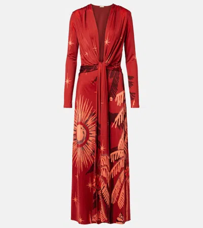 Johanna Ortiz Coral Marino Tropical Print Long Sleeve Jersey Maxi Dress In Red