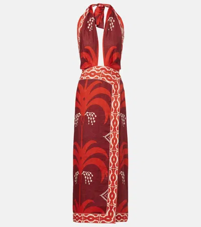Johanna Ortiz Printed Open-back Linen Midi Dress In Red