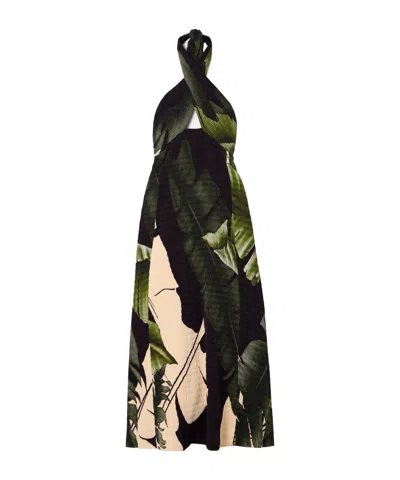 Johanna Ortiz Printed Plissé-satin Halterneck Midi Dress In Green