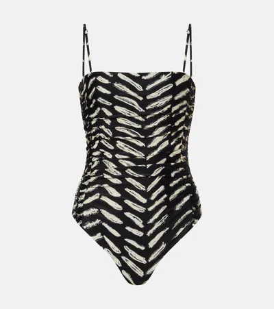 Johanna Ortiz Whispering Tides Ruched Printed Recycled Stretch-jersey One-piece In Black