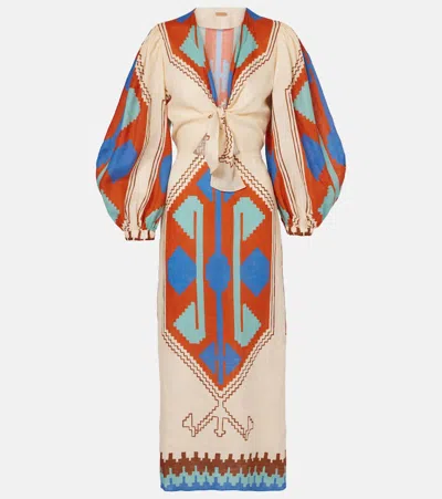 JOHANNA ORTIZ PRINTED TIE-DETAIL LINEN MIDI DRESS
