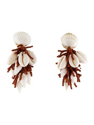 Pre-owned Johanna Ortiz Raffia, Shell & Bead Whimsical Waters Clip On Drop Earrings In Neutrals/red