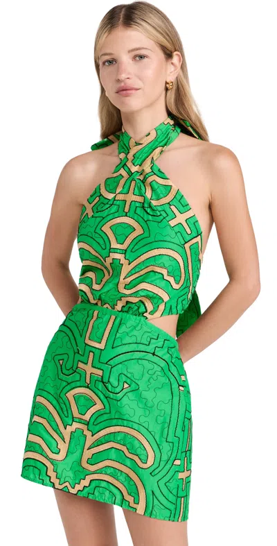 Johanna Ortiz Rainforest Power Mini Dress Nishi-ibo Palms Green - Ecru