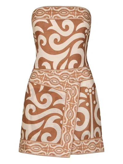 Johanna Ortiz Raiz Ritual Strapless Printed Linen Mini Dress In Brown