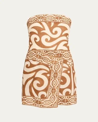 Johanna Ortiz Raiz Ritual Strapless Printed Linen Mini Dress In Brown