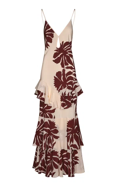 Johanna Ortiz Reinterpretation Tiered Silk Maxi Dress In Burgundy