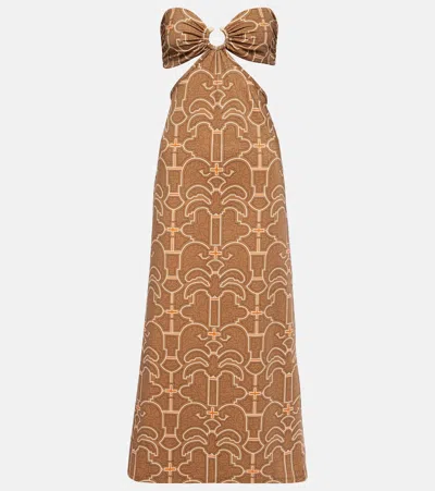 Johanna Ortiz Ring-detail Cutout Printed Maxi Dress In Nishi-ibo Palms Camel & Ecru