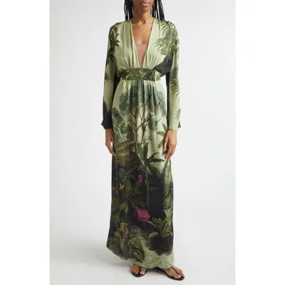 Johanna Ortiz Rodeo Rhythms Long Sleeve Silk Maxi Dress In Green