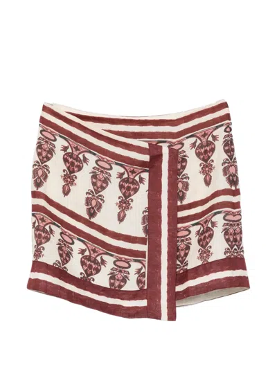 Johanna Ortiz Roots Printed Linen Mini Wrap Skirt In Burgundy