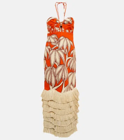 Johanna Ortiz Ruffle Floral Maxi Dress In Orinoco Ankara Red/ecru
