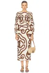 Johanna Ortiz Sailing Robes Balloon Sleeve Linen Midi Dress In Ecru & Paprika