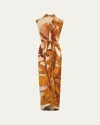 Johanna Ortiz Sailing Sunset Draped Silk Midi Dress In Tropical Exuberance - Ecru-yellow-brown