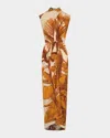 Johanna Ortiz Sailing Sunset Draped Silk Midi Dress In Tropical Exuberance - Ecru-yellow-brown