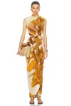 Johanna Ortiz Sailing Sunset Draped Silk Midi Dress In Yellow & Brown