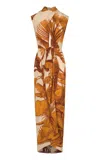 Johanna Ortiz Sailing Sunset Draped Silk Midi Dress In Tropical Exuberance - Ecru-yellow-brown