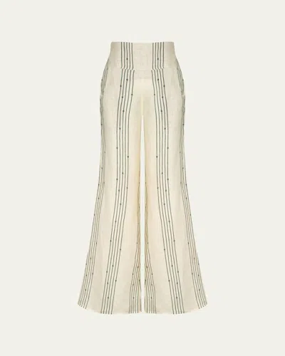 Johanna Ortiz Sailing The Ocean Stripe Wide Leg Linen Pants In Rope Stripes Ecru - Green