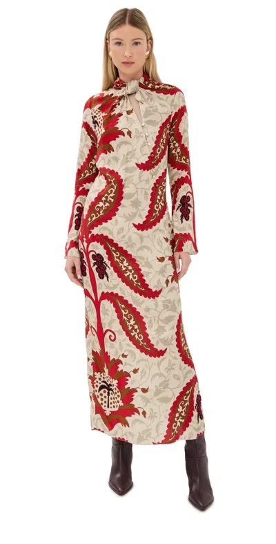 Johanna Ortiz Sand Esencia Femenina Midi Dress Sand/red/mocha/black In Multi