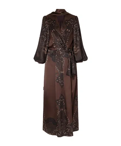 Johanna Ortiz Scarf-detailed Printed Silk-satin Maxi Dress In Brown