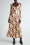 Johanna Ortiz Scarlet Letter Long Sleeve Midi Dress In Papaver Somniferum/ Ecru
