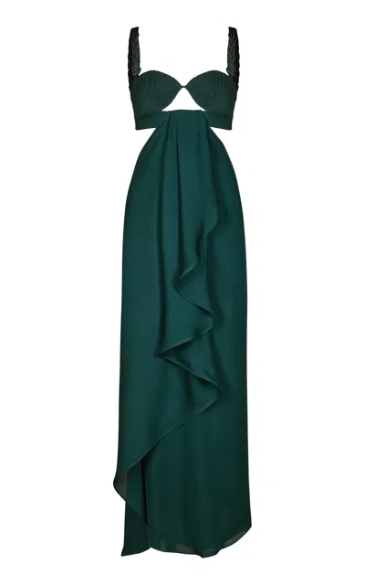Johanna Ortiz Sea Poem Draped Cutout Maxi Dress In Dark Green