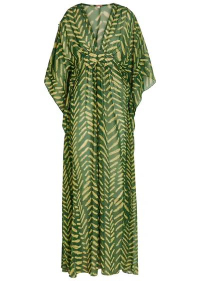 Johanna Ortiz Secret Garden Patterned Georgette Maxi Kaftan Dress In Green
