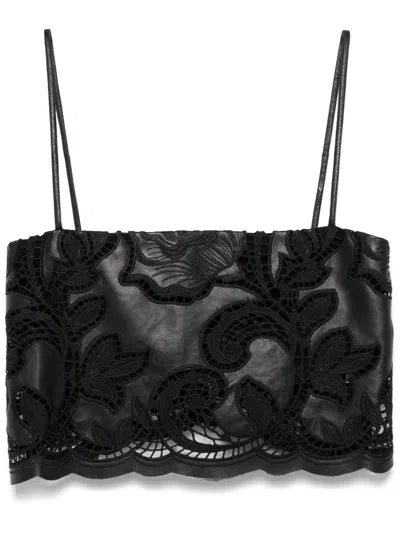 Johanna Ortiz Seduccion Lunar Embroidered Eyelet Faux Leather Crop Camisole In Black