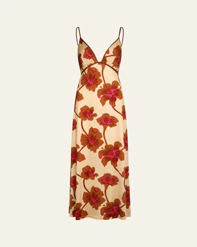 Johanna Ortiz Sendero De Astromelias Floral-print Satin Maxi Dress In Burgundy