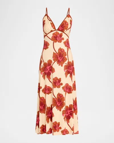 Johanna Ortiz Sendero De Astromelias Floral-print Satin Maxi Dress In Burgundy
