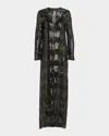 Johanna Ortiz Sequin Nautical Striped Long-sleeve Maxi Tunic Dress In Blackdark Gold