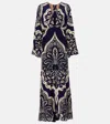 Johanna Ortiz Cape-effect Embellished Printed Silk-crepe Maxi Dress In Blue