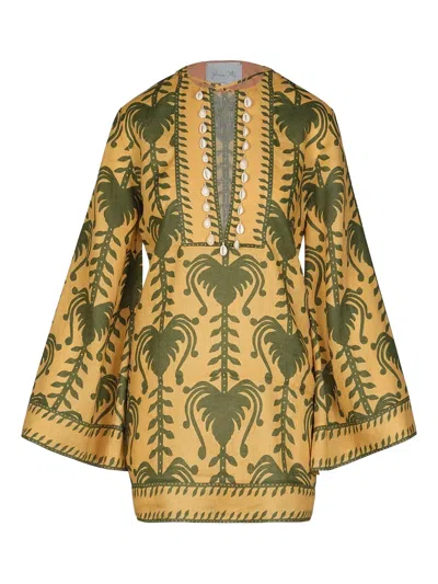 Johanna Ortiz Wild Savannah Shell-embellished Linen Mini Dress In Green
