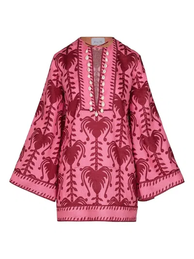 Johanna Ortiz Shell-embellished Printed Tunic Dress In Pink